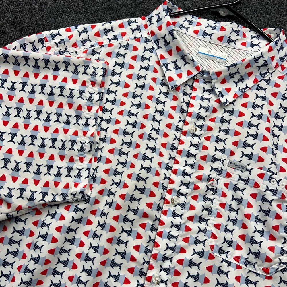 Columbia PFG Shirt Mens 2XT White Red Blue American Flag Fish Print Tall FT1039